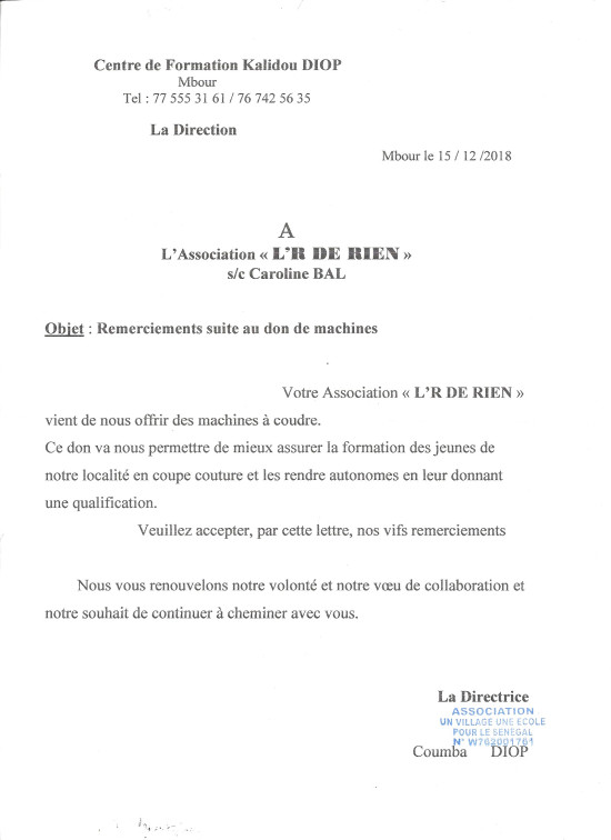 Lettre kalidou diop remerciement don 2018